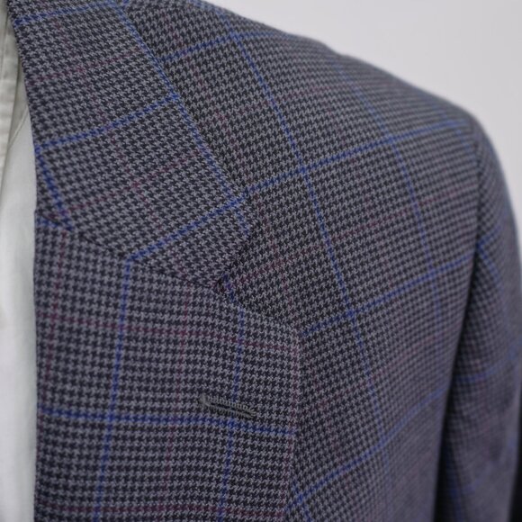 Jos A Bank Regal Fit Wool Gray Black Houndstooth W/ Purple Blue Windowpane 50L‎ - Picture 2 of 13